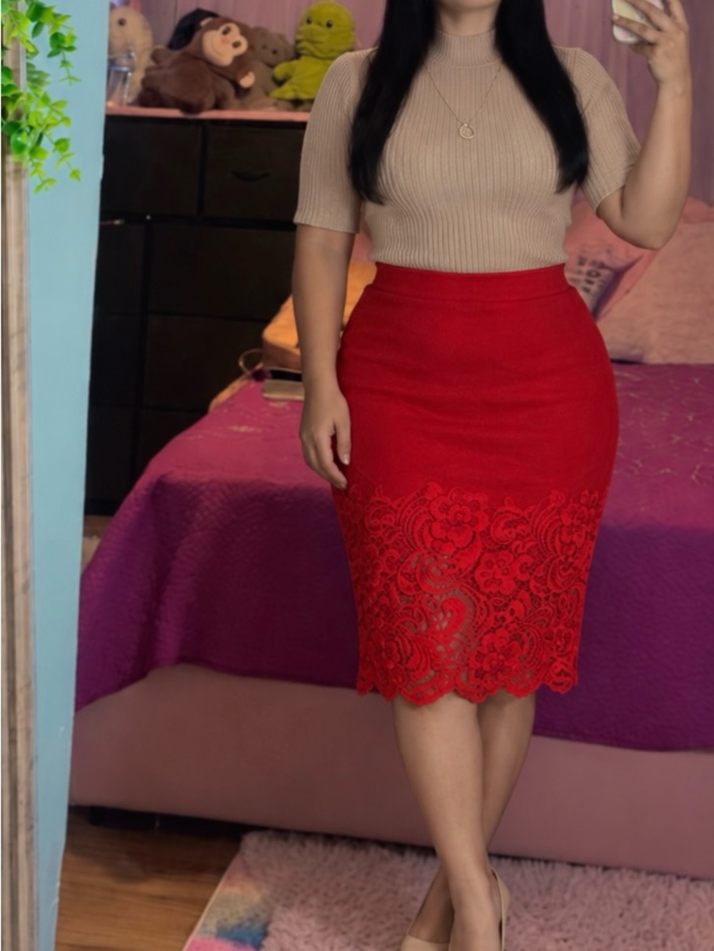 Red Lace-Trim Pencil Skirt - Women's